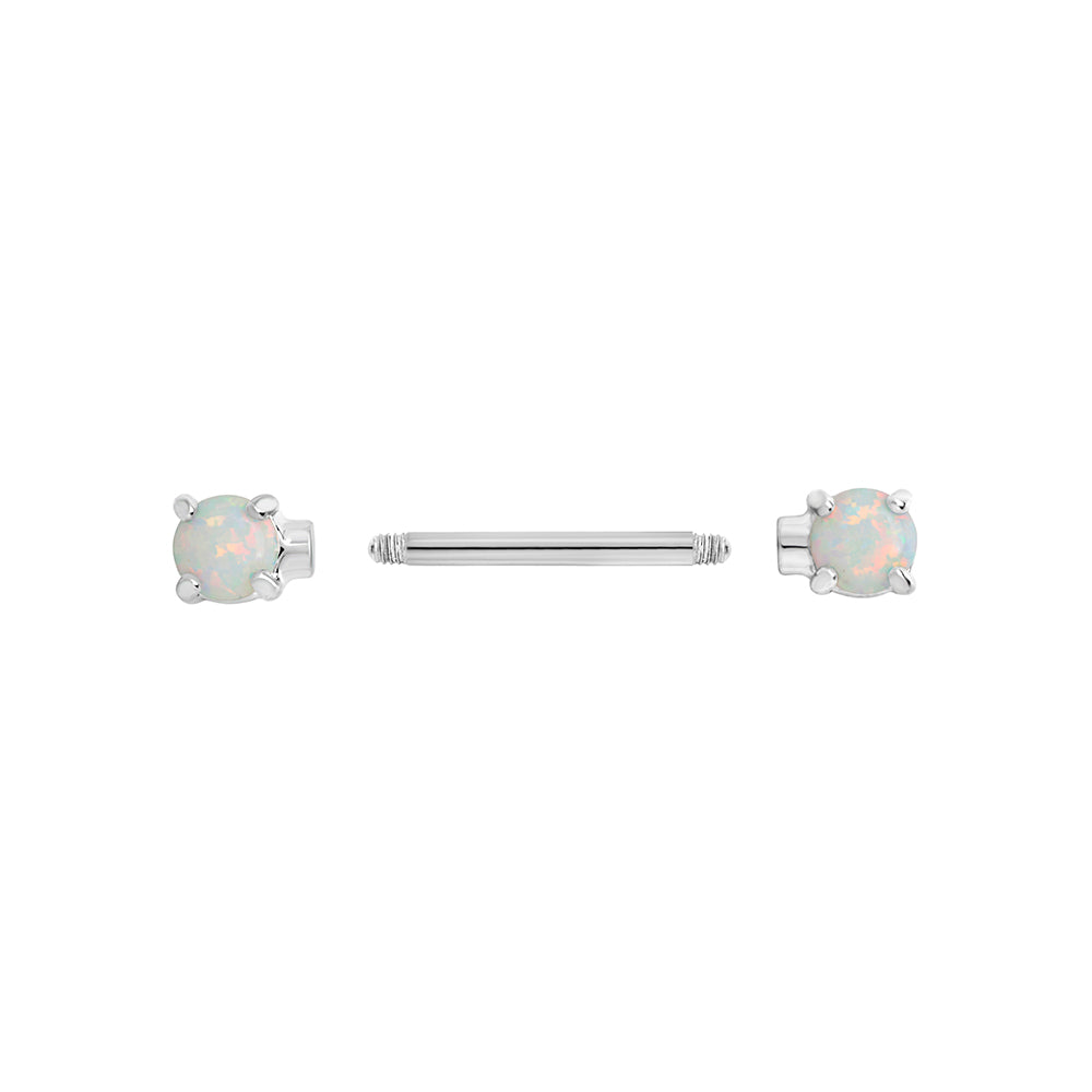 14g 9/16” Rhodium-Plated Straight Barbell Nipple Ring with Opal Ends — Price Per 1