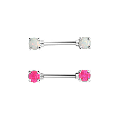14g 9/16” Rhodium-Plated Straight Barbell Nipple Ring with Opal Ends — Price Per 1 - Painful Pleasures