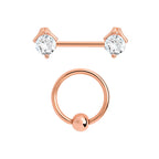 14g PVD Rose Gold Nipple Jewelry Set — Prong-Set Crystal Jeweled Straight Barbells and Captive Bead Rings - Painful Pleasures