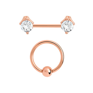 14g PVD Rose Gold Nipple Jewelry Set — Prong-Set Crystal Jeweled Straight Barbells and Captive Bead Rings - Painful Pleasures