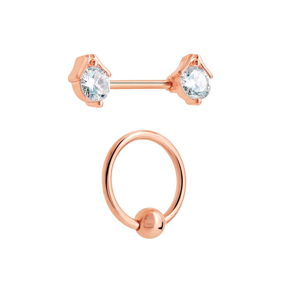 14g PVD Rose Gold Nipple Jewelry Set — Prong-Set Crystal Jeweled Straight Barbells and Captive Bead Rings