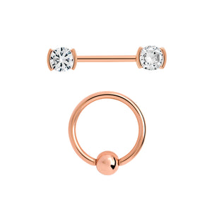 14g PVD Rose Gold Nipple Jewelry Set — Bezel-Set Crystal Jeweled Straight Barbells and Captive Bead Rings - Painful Pleasures