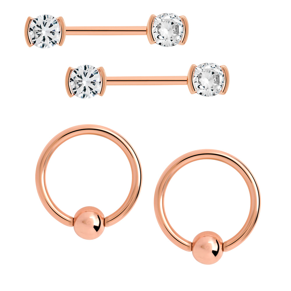 14g PVD Rose Gold Nipple Jewelry Set — Bezel-Set Crystal Jeweled Straight Barbells and Captive Bead Rings