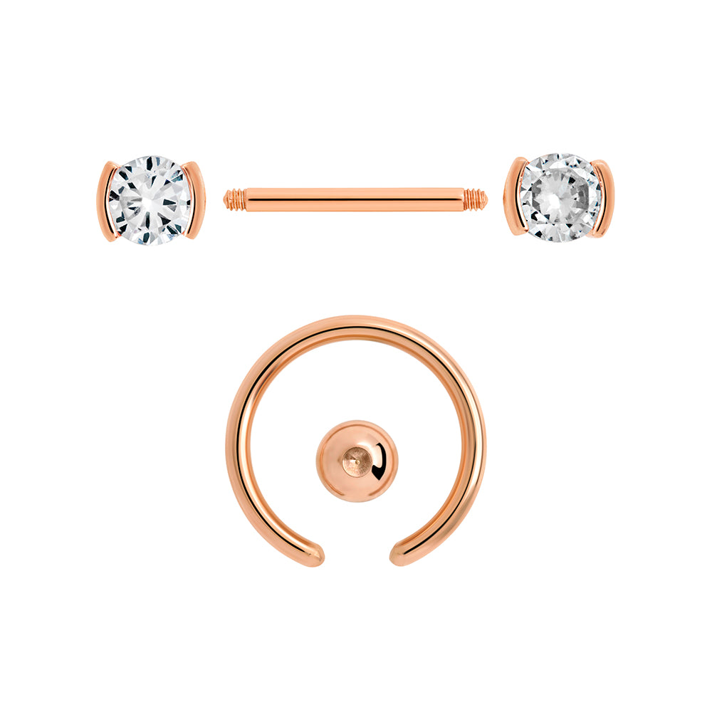 14g PVD Rose Gold Nipple Jewelry Set — Bezel-Set Crystal Jeweled Straight Barbells and Captive Bead Rings