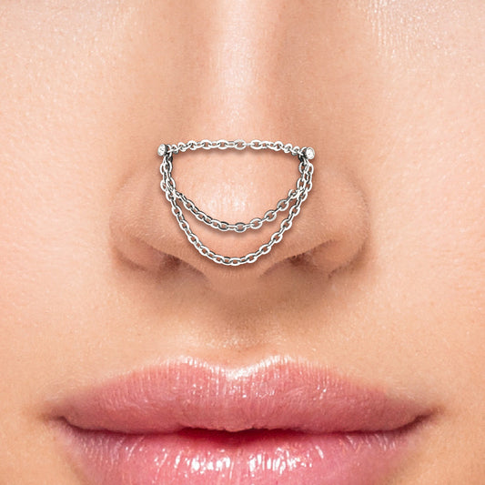 20g 1/4” Rhodium Plated Crystal Nose Bones with Tiered Chains