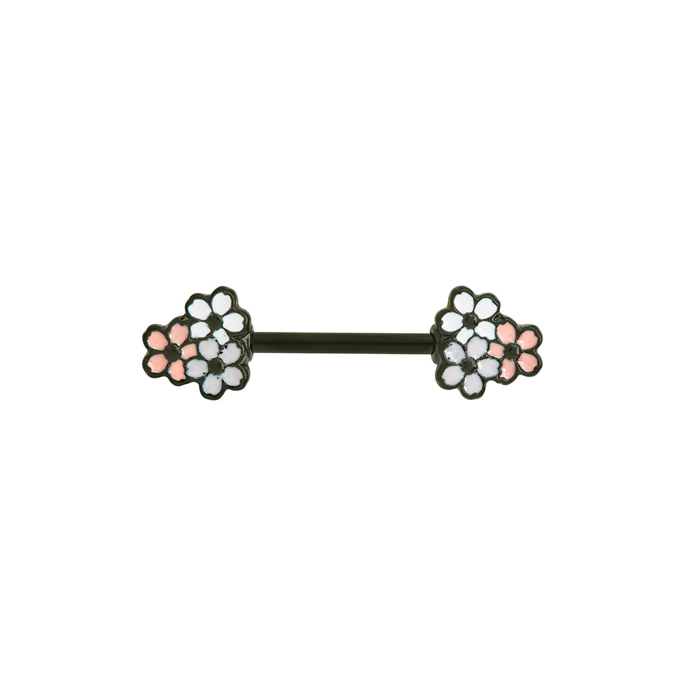 14g 13.3mm Cherry Blossoms PVD Black Nipple Barbell — Price Per 1