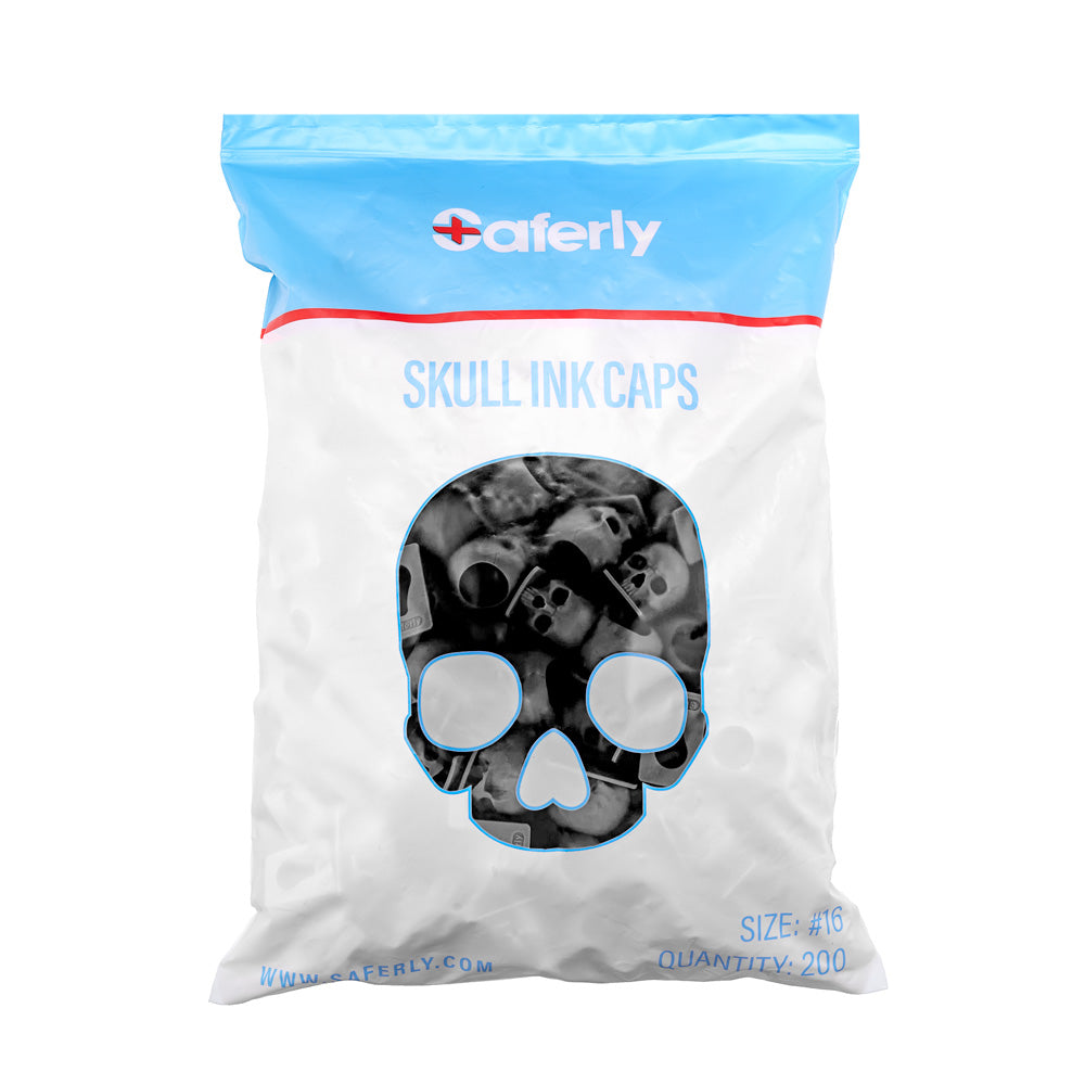 Saferly Skull Silicone Ink Caps —Size #16 (Large) — Bag of 200  — Pick Color - Painful Pleasures