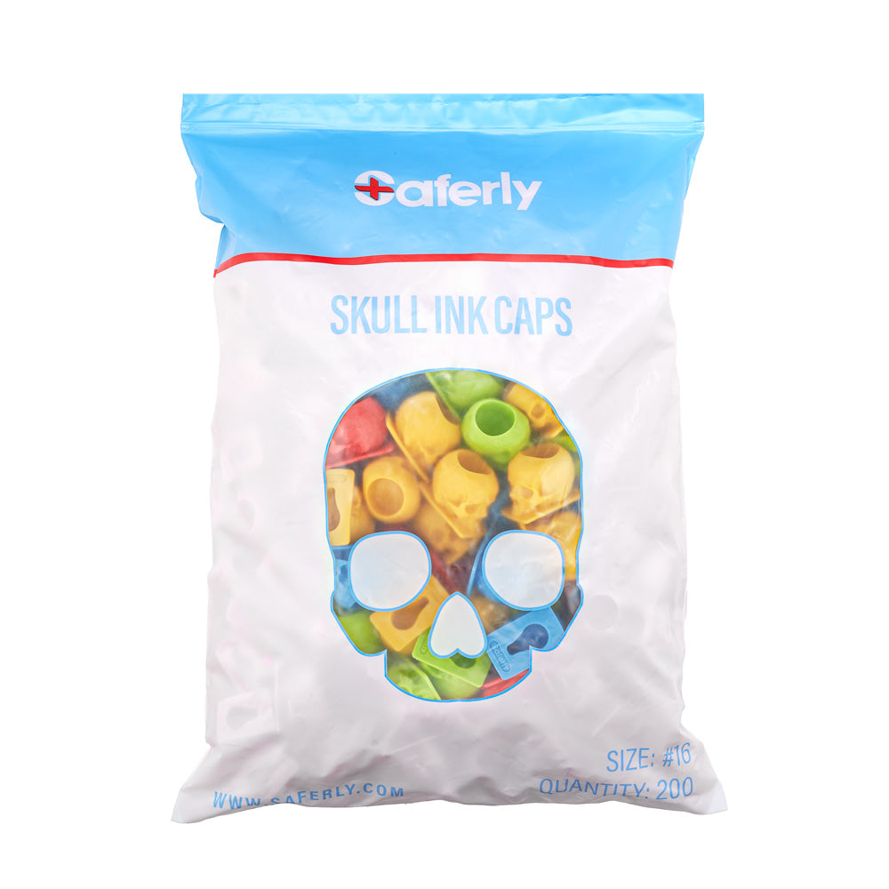 Saferly Skull Silicone Ink Caps —Size #16 (Large) — Bag of 200  — Pick Color - Painful Pleasures