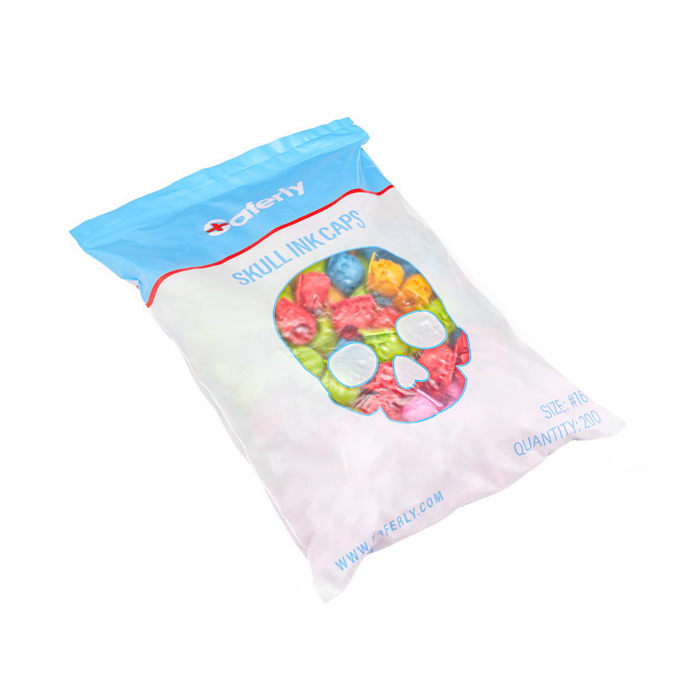 Saferly Skull Silicone Ink Caps —Size #16 (Large) — Bag of 200  — Pick Color - Painful Pleasures