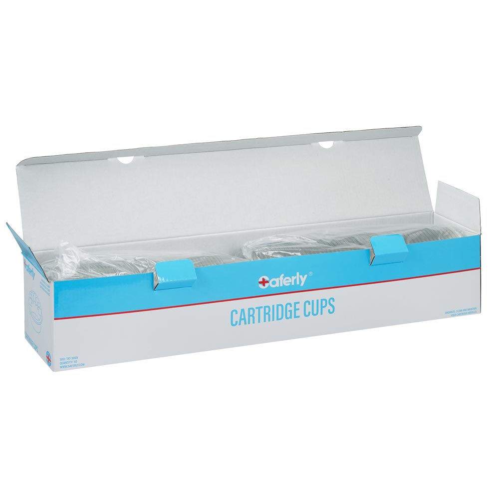 Saferly Cartridge Cups — Box of 50 Rinse Cups + 50 Cartridge Holder Lids