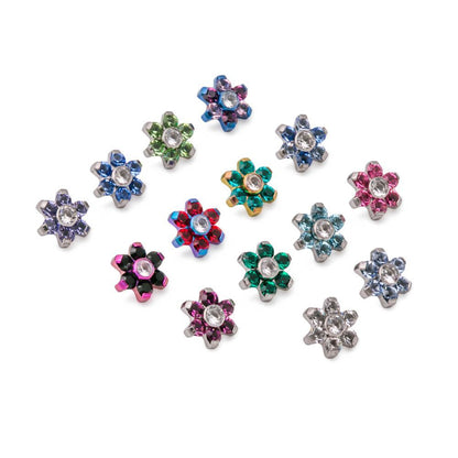 Tilum 18g-16g Internally Threaded Titanium Jewel Flower Top with Crystal Center - Choose Petal Jewel Color - Price Per 1 - Painful Pleasures