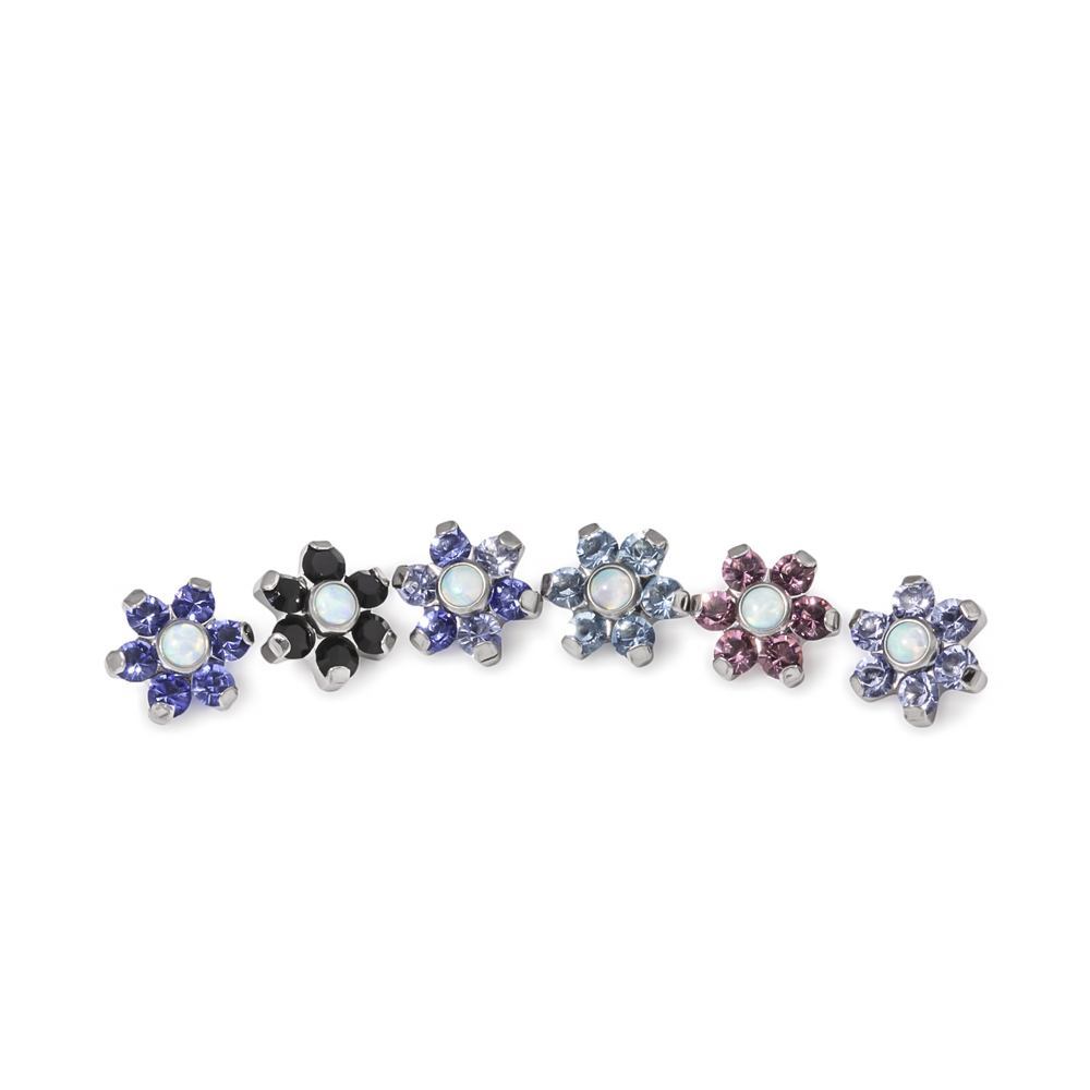 Tilum 14g-12g Internally Threaded Titanium Flower Top with White Opal Center - Choose Petal Jewel Color - Price Per 1