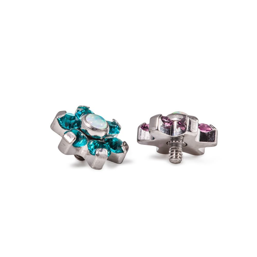 Tilum 14g-12g Internally Threaded Titanium Flower Top with White Opal Center - Choose Petal Jewel Color - Price Per 1