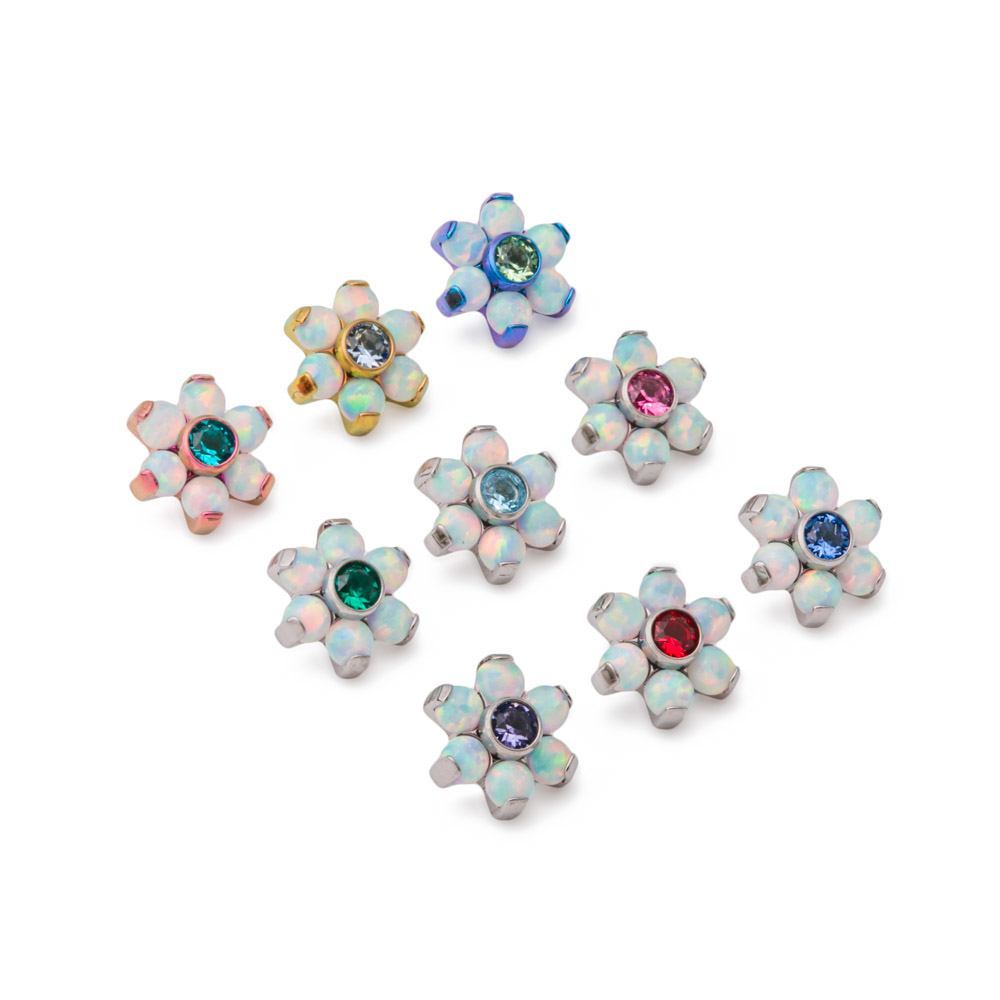 Tilum 18g-16g Internally Threaded Titanium Opal Flower Top with Jewel Center - Price Per 1