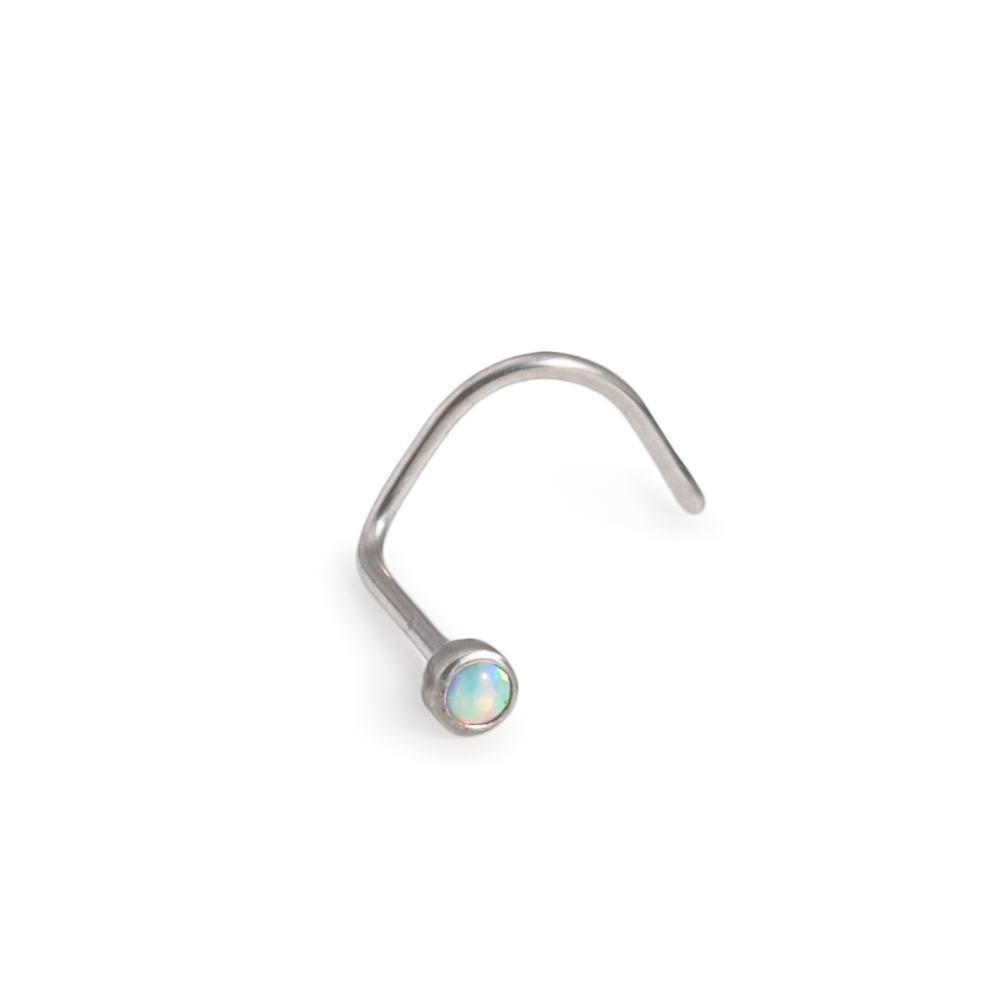 Tilum 22g Titanium Bezel-Set Opal Nose Screw - Right Bend - Flat Back Style Nostril Jewelry - Painful Pleasures