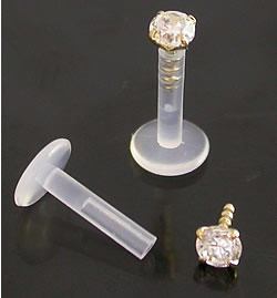 14g 5/16" BioPlast Labret Stud With 14kt Yellow Gold Crystal Prong-Set - Painful Pleasures