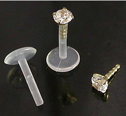 16g 5/16" Bioplastic Labret with 14kt Yellow Gold Prong Set Gem - Painful Pleasures
