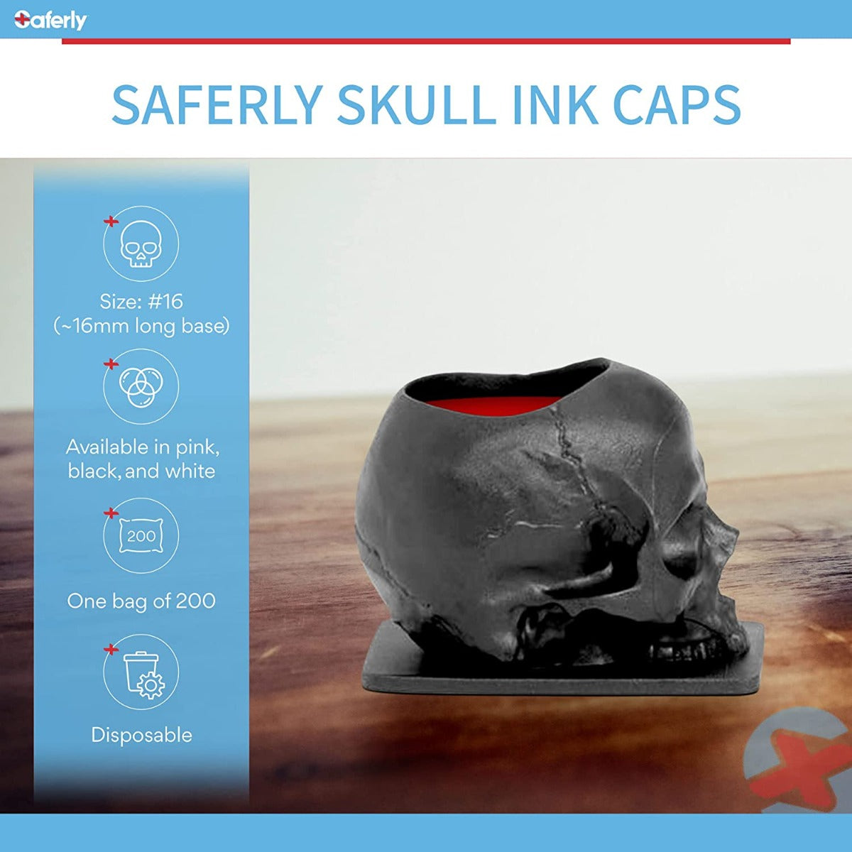 Saferly Skull Ink Caps — Size #16 (Large) — Bag of 200
