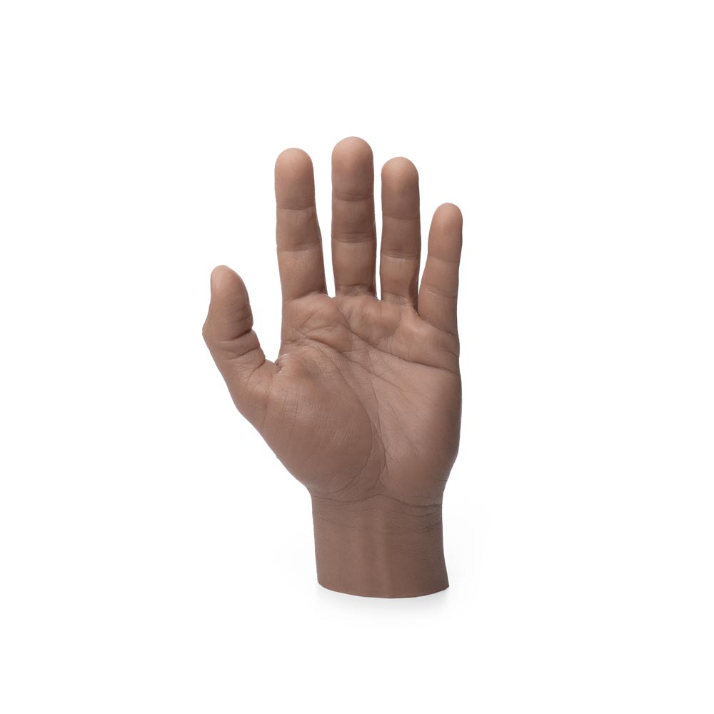 A Pound of Flesh Silicone Synthetic Left Hand with Wrist in Fitzpatrick Tone 4 angled downward on white background