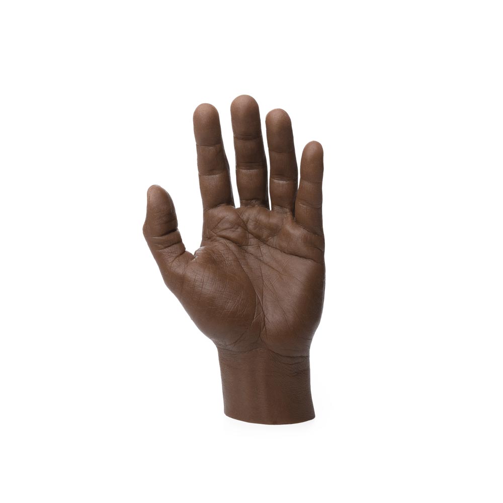 A Pound of Flesh Silicone Synthetic Left Hand with Wrist in Fitzpatrick Tone 5 angled downward on white background