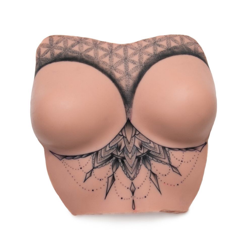 A Pound of Flesh Tattooable Synthetic Breasts with Torso — Side View