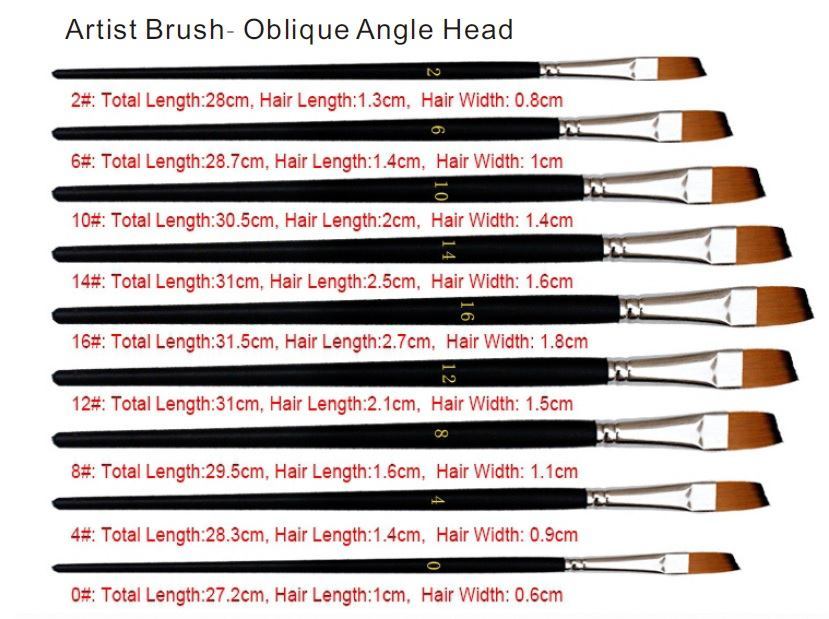 Nylon Paint Brush Set Oblique Angle Set of 9 Paint Brushes