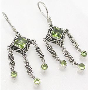 Light Green Triple Dangle Jewels Sterling Silver Bali Earrings