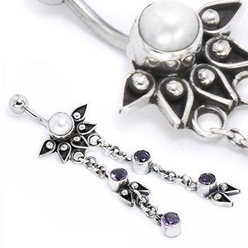 14g 7/16" Pearl Half Sunflower Dangle Bali Belly Button Ring - Painful Pleasures