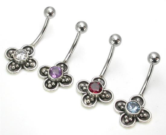 14g 7/16" Onyx Flower Sterling Silver Navel Belly Jewelry Colors