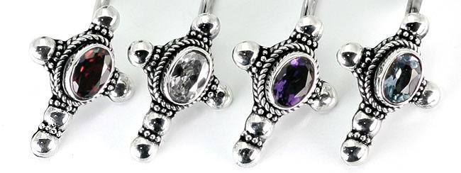 Bali OVAL Gem Cross - Indonesian Style Sterling Silver Earrings Colors