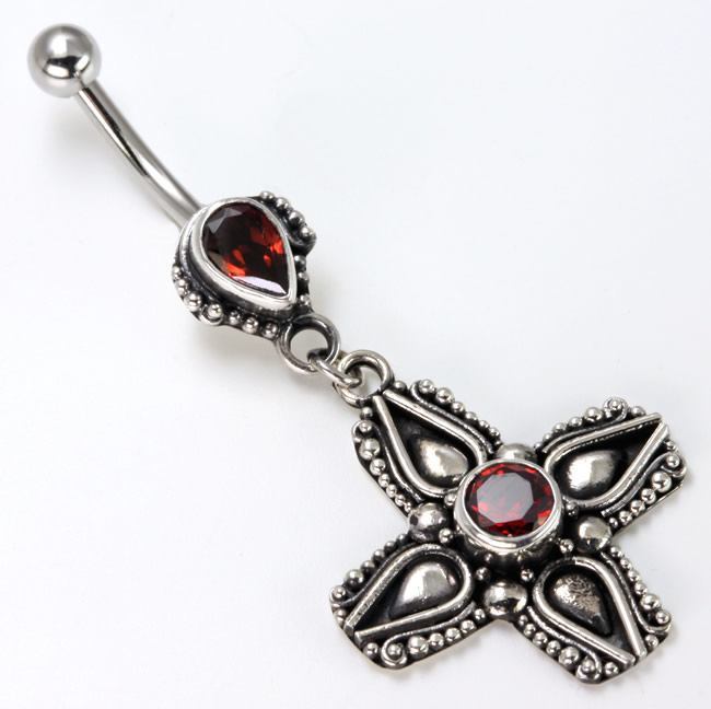 14g 7/16" Tear Drop Indonesian with Dangle Cross Wholesale Belly Rings