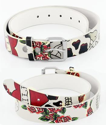 Skull and Roses Tattoo Designs on Genuine Tan Leather Belt
