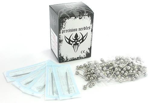 100 Sterile Needles and 100 Straight Barbells - Piercing Kit