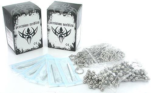 200 Sterile Needles, 100 Straight Barbells, and 100 Captive Bead Rings - Piercing Kit