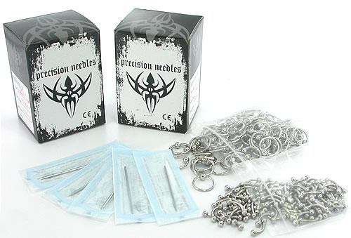 200 Sterile Needles, 100 Bent Barbells, & 100 Captive Bead Rings - Piercing Kit