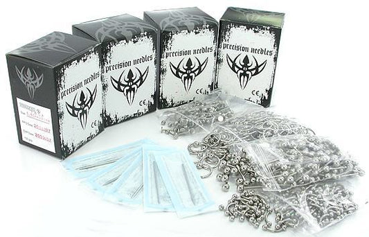 400 Sterile Needles, 100 Bent Barbells, 100 Captive Bead Rings, 100 Straight Barbells, & 100 Labrets - Ultimate Piercing Kit
