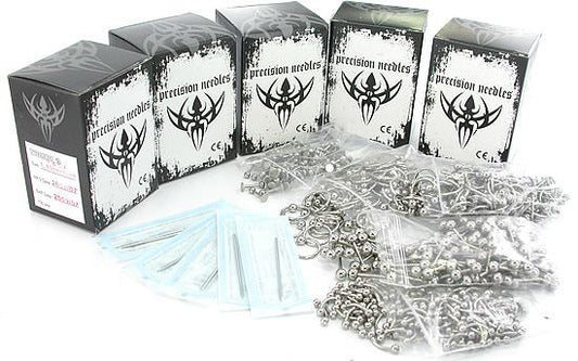 500 Sterile Needles, 100 Bent Barbells, 100 Captive Bead Rings, 100 Straight Barbells, 100 Labrets, and 100 Circular Barbells - Ultimate Piercing Kit