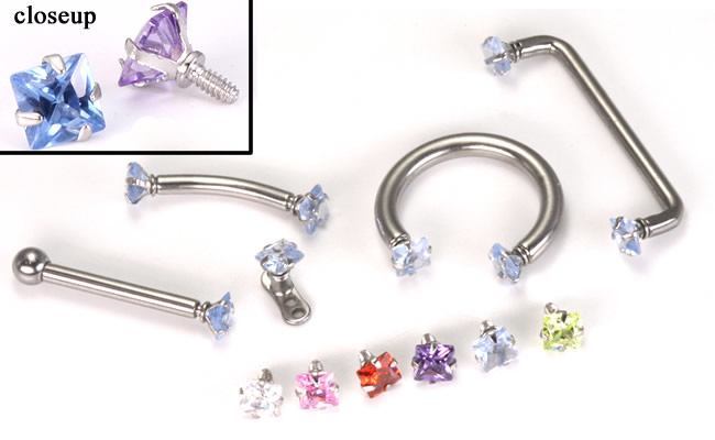 18g - 16g Internally Threaded Jewel Prong-Set Square Top - Price Per 1
