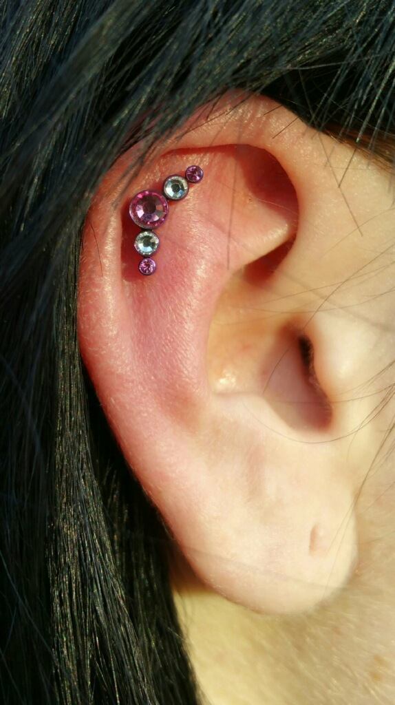 Threaded Multi-Colored Crescent Cluster Top Shown in Ear