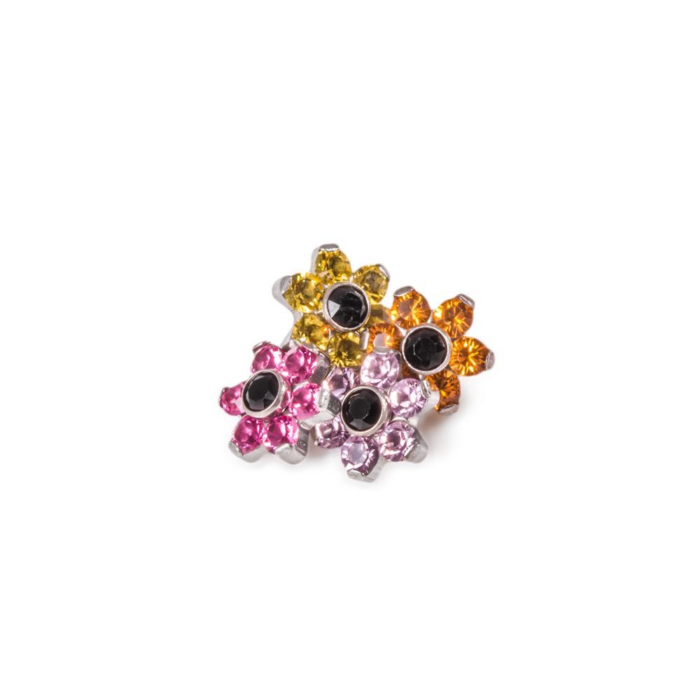 14g-12g Internally Threaded Titanium Jewel Flower Top with Black Center – Orange and Pink