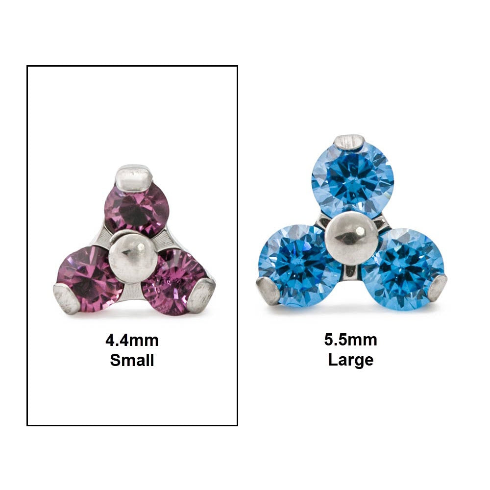 18g–16g Internally Threaded Titanium Jewel Trinity Top — Small with 16g Labret Shaft