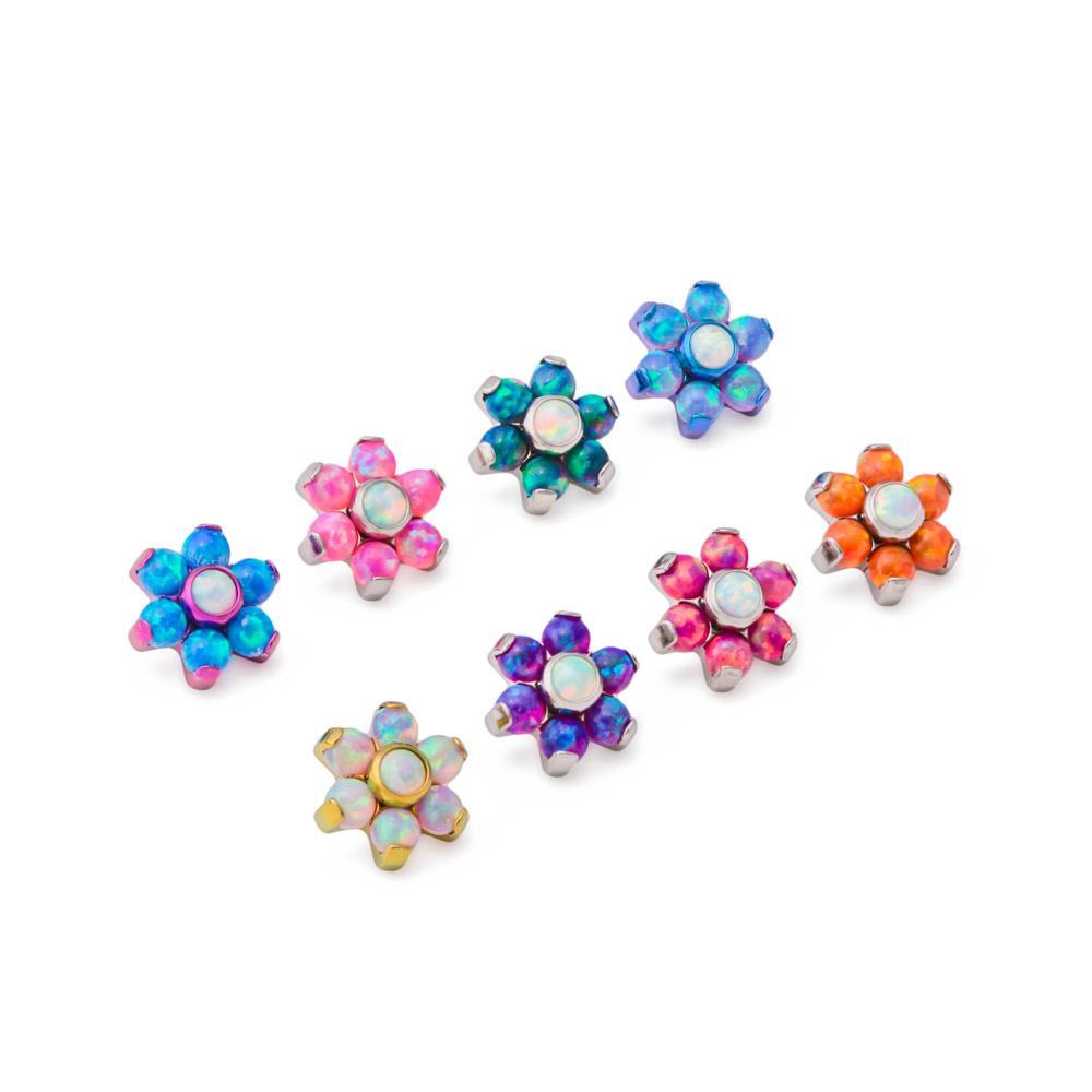 18g–16g Internally Threaded Titanium Opal Flower Top with White Opal Center — Anodized