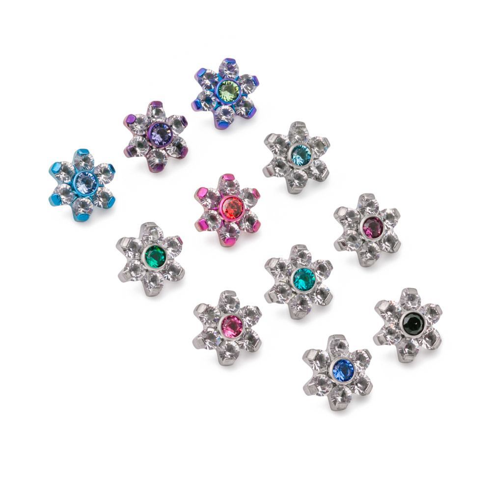 18g–16g Internally Threaded Titanium Jewel Flower Top with Jewel Center — Anodized