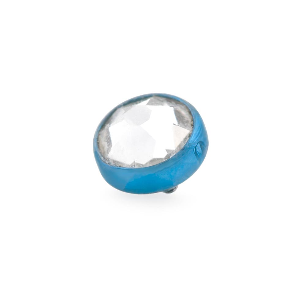 18g–16g Internal 0.9mm Crystal Jewel Titanium Flat Disc Top — Anodized Blue — Attached to Threaded Shaft