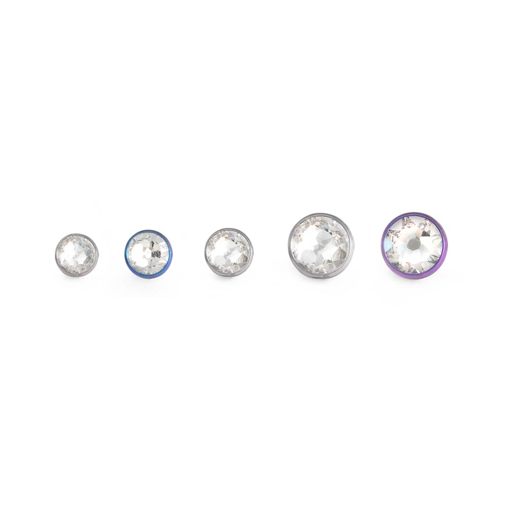 18g–16g Internal 0.9mm Crystal Jewel Titanium Flat Disc Top — Unthreaded Anodized Tops