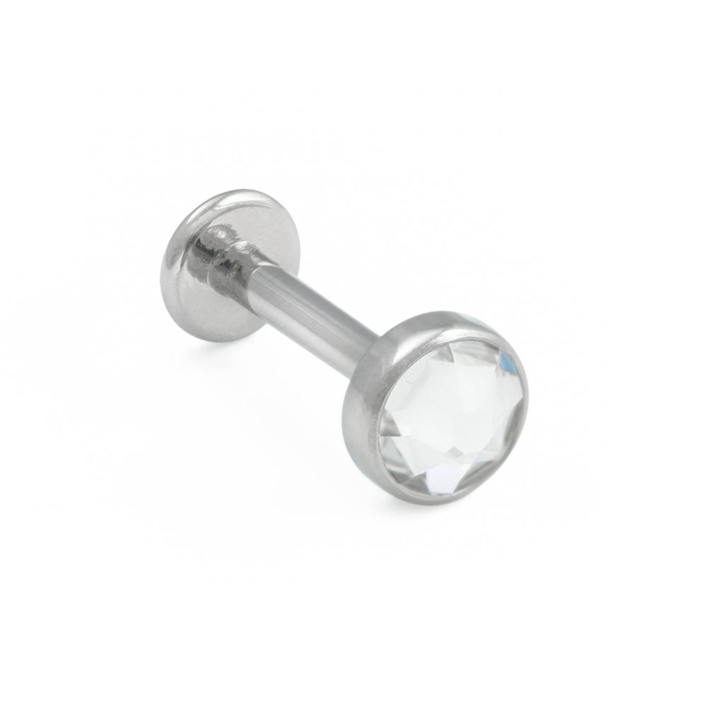 18g–16g Internal 0.9mm Crystal Jewel Titanium Flat Disc Top — 2.5mm — Angled View