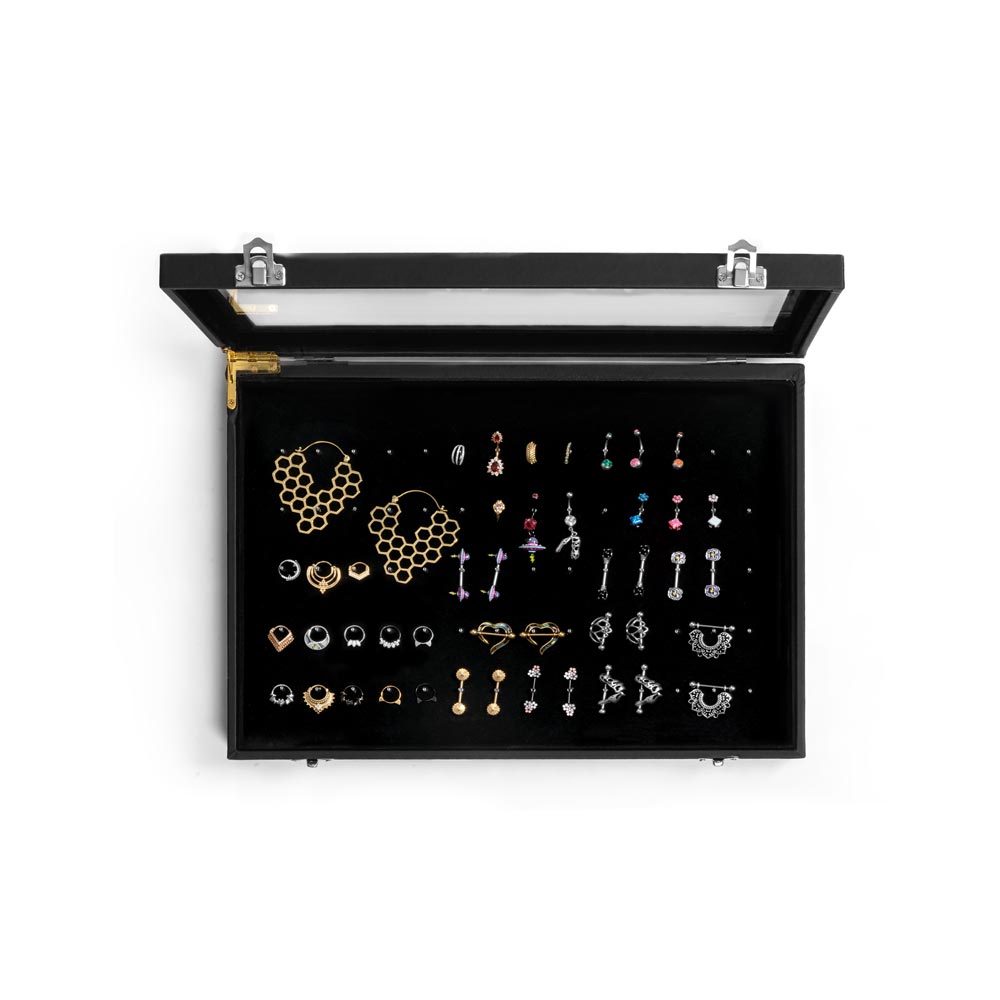 Glass Top Display Case with Bands or Clips — Closed with Belly Button Rings