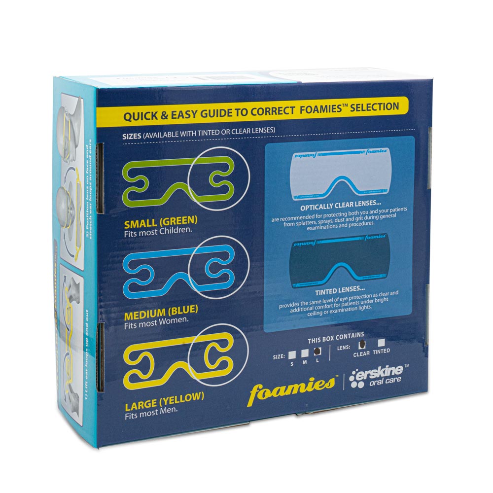 Upright box of 50 Foamies™ Protective Eyewear with some shown displayed outside of box
