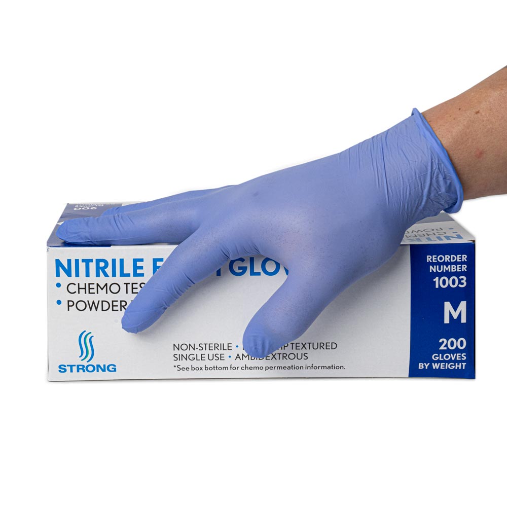 Strong Blue Disposable Nitrile Gloves — Box of 200 (side of box)