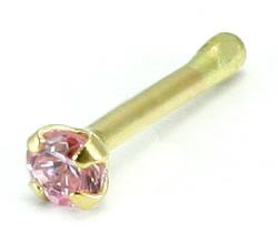 Tilum 20g 14kt Yellow Gold 2.0mm CZ-Pink Jewel Nose Bone Body Jewelry